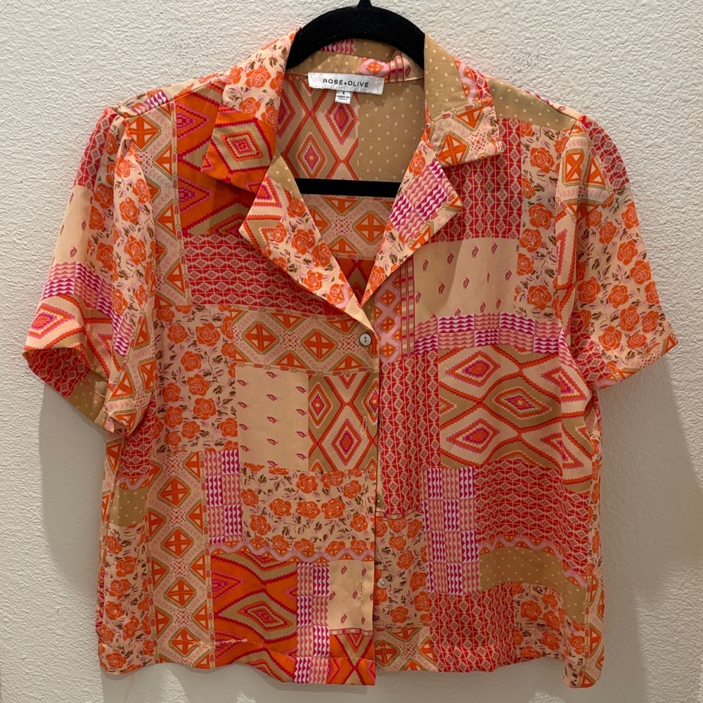 Rose & Olive Women's Patchwork Button Down Shirt - Red, Pink, Orange